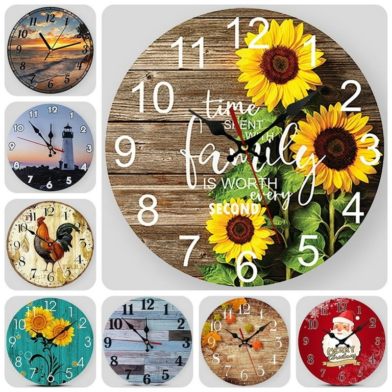 Rustic Round Analog Wall Clock with Sunflower Motif on Wood Planks