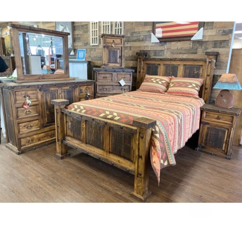 Rustic Southwest Bedroom Set with Metal Stud Rivets and Tribal Linens