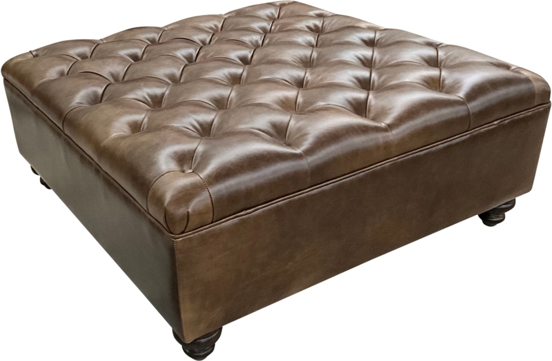 Rustic Square Ottoman Diamond Tufted Bun Feet Piped Edges Large