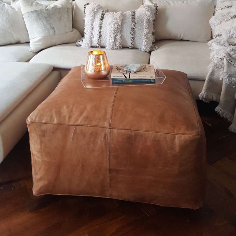 Rustic Square Ottoman Leather Like Center Stitching Detail Large