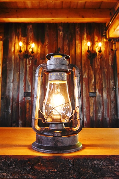 Rustic Table Lamp Lantern Weathered Grey Stepped Circular Base