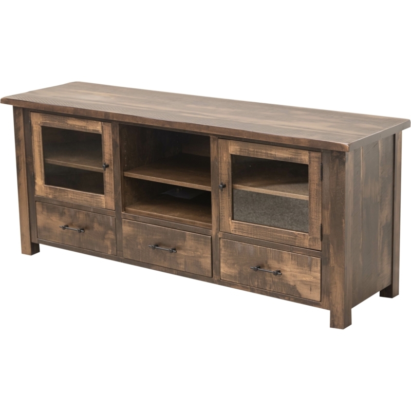 Rustic TV Console Cocoa Brown Finish Three Drawer Base Glass Doors