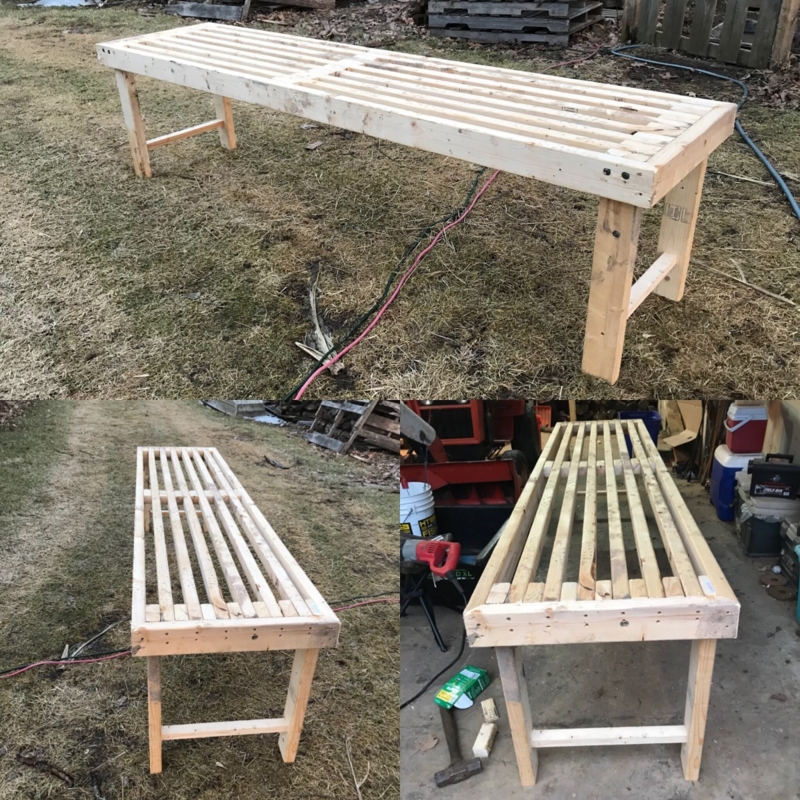 Rustic Utilitarian Slatted Bench in Raw Wood with Side Stretchers