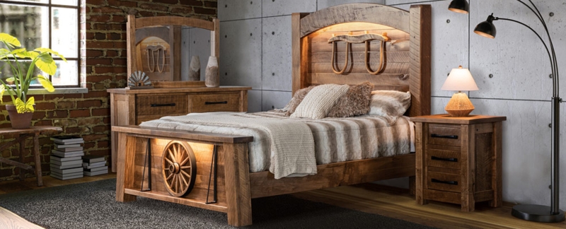Rustic Wagon Wheel Bed Set with Handcrafted Look and Accent Lighting