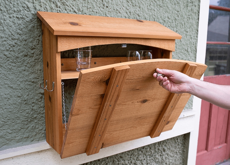 Rustic Wall Bar Cabinet Honey Brown Sloped Roof Side Hooks Outdoor