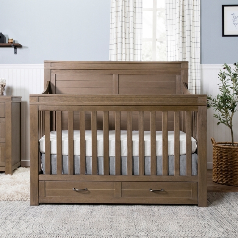 Rustic Weathered Oak Convertible Crib with High-Back Headboard