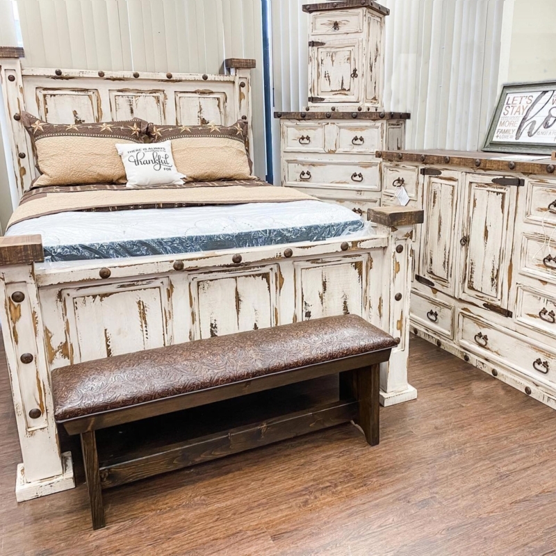 Rustic White Bedroom Set: Distressed Finish with Tooled Leather Bench