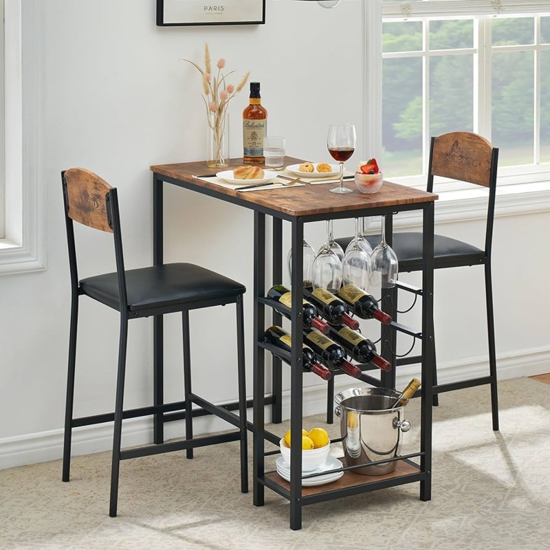 Rustic Wood and Metal Bar Table Set with Curved Back Stools