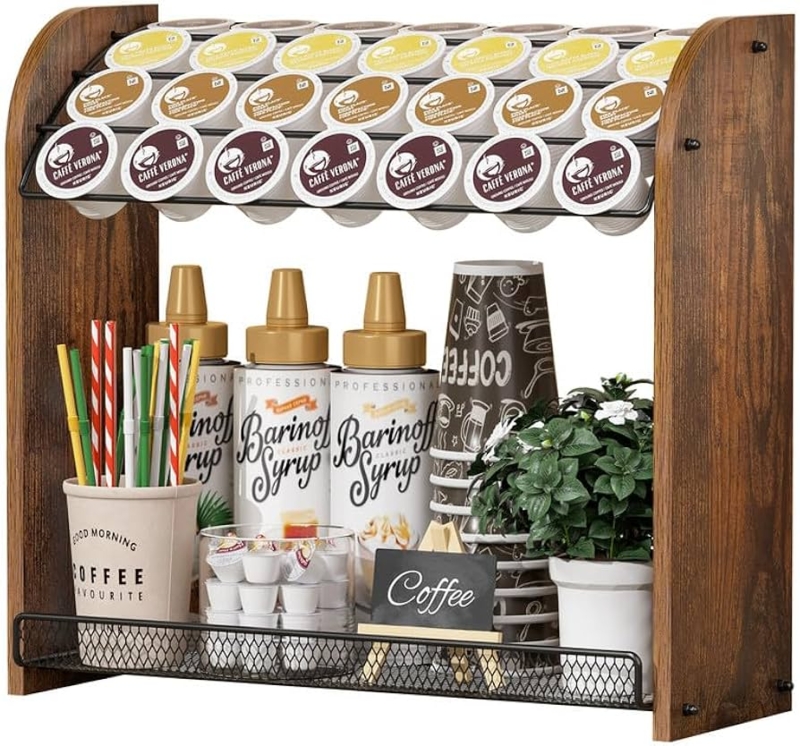 Rustic Wood and Metal Pod Holder, Angled Racks Mesh Shelf