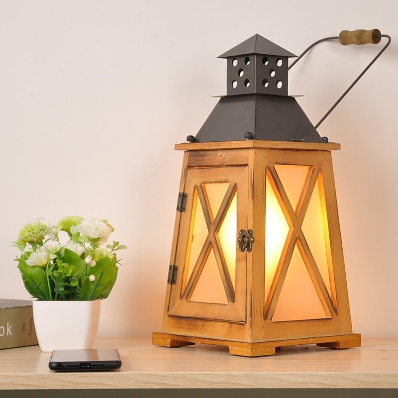 Rustic Wood Desk Lamp Honey Brown X-Frame Panes Wooden Grip