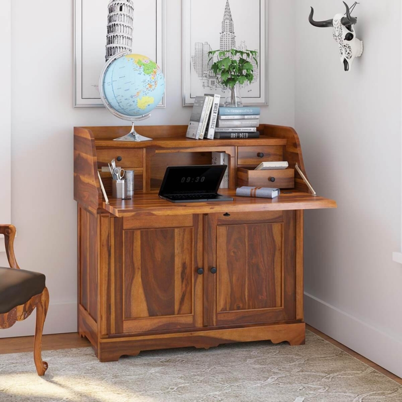 Rustic Wood Drop Front Desk: Prominent Grain, Metal Support Arms