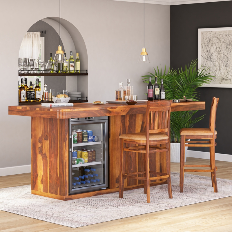 Rustic Wood Home Bar Set Variegated Grain Integrated Fridge