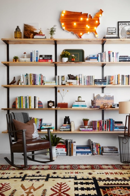 Rustic Wood Library Shelves: Live Edge Planks & Vertical Track System