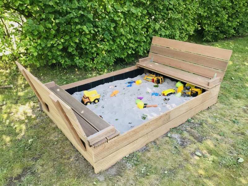 Rustic Wood Sandbox with Convertible Bench Seats and Metal Strap Hinges