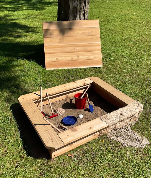 Rustic Wood Sandbox with Removable Slatted Lid and Mitered Frame Corners