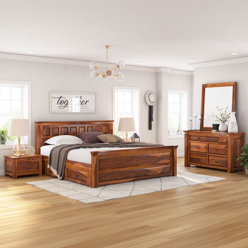 Rustic Wood Storage Bed Set in Honey Brown with Seven-Drawer Dresser