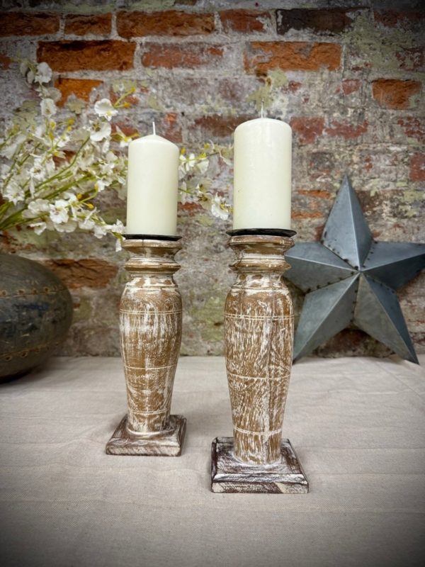 Rustic Wooden Candlesticks, Distressed Whitewash on Square Pedestal Base