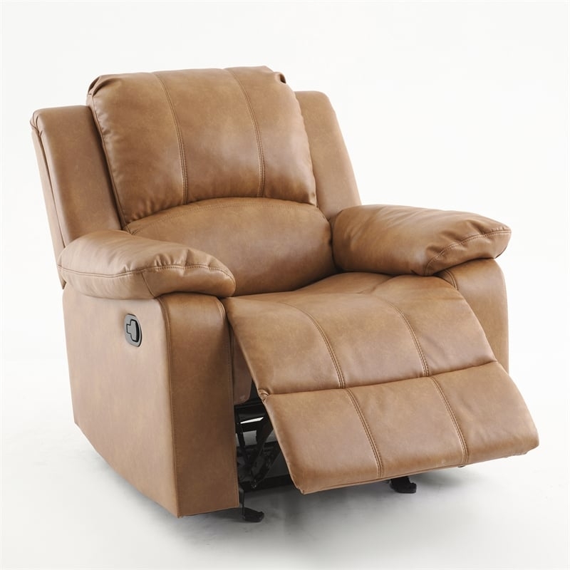 Saddle Brown Glider Recliner with Pillow Top Arms and Manual Lever