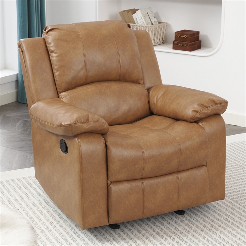 Saddle Brown Manual Glider Rocker Recliner with Overstuffed Arms