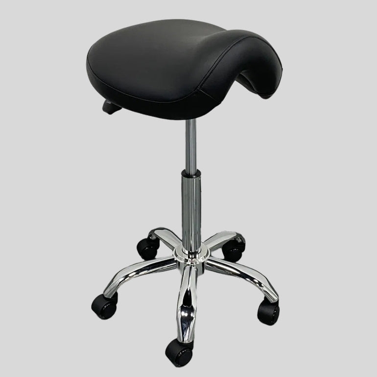 Saddle Stool Ergonomic Black Seat Polished Chrome Star Base 500lb