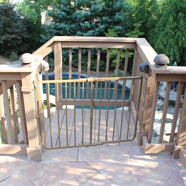 Safety Gate Chestnut Brown Hardware Mounted Vertical Slats Stairway