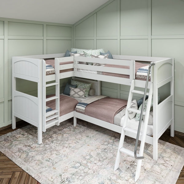 Sage Green and White L-Shaped Quad Bunk Bed with Arched Panels