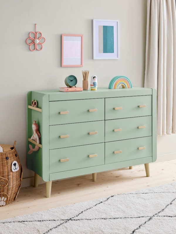 Sage Green Kids Chest Side Storage Rail Rounded Corners Wood Pulls