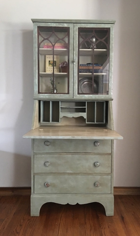 Sage Green Secretary Desk: Arched Lattice Doors, Vintage Farmhouse