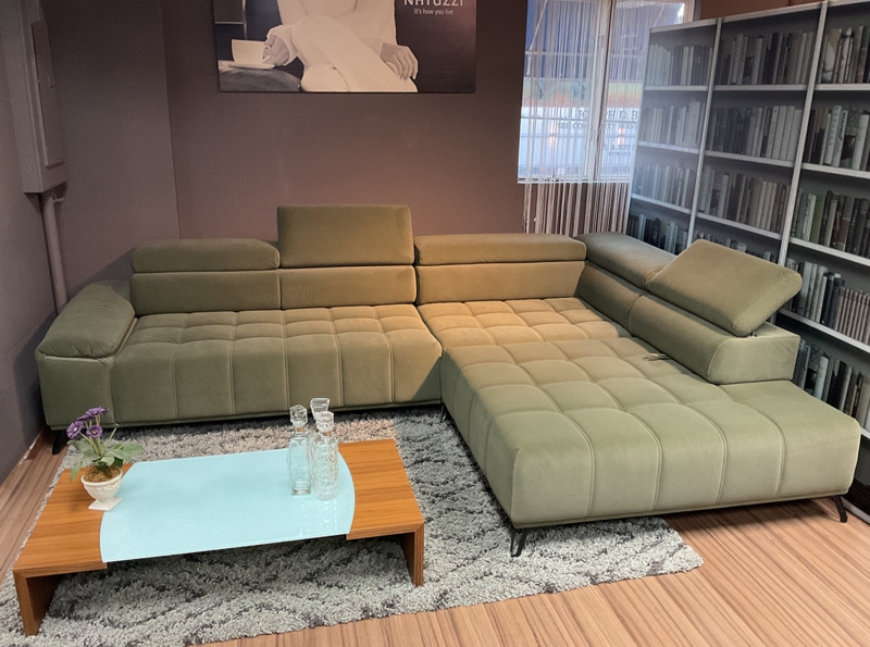 Sage Green Sectional Sofa: Grid Tufting & Adjustable Headrests