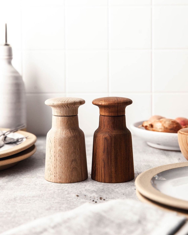 Salt and Pepper Mills Mushroom Cap Contrasting Wood Tones Farmhouse