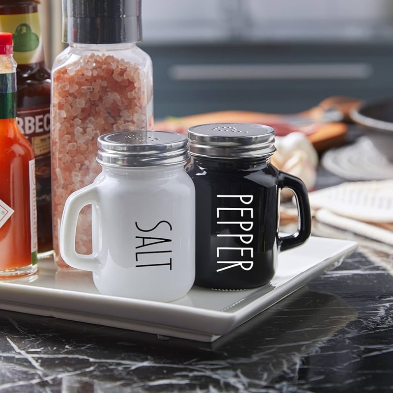 Salt and Pepper Shaker Set Mason Jar Style Vertical Typography Handles