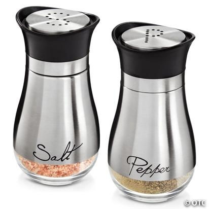 Salt and Pepper Shaker Set Perforated Letter Caps Stainless Steel Glass