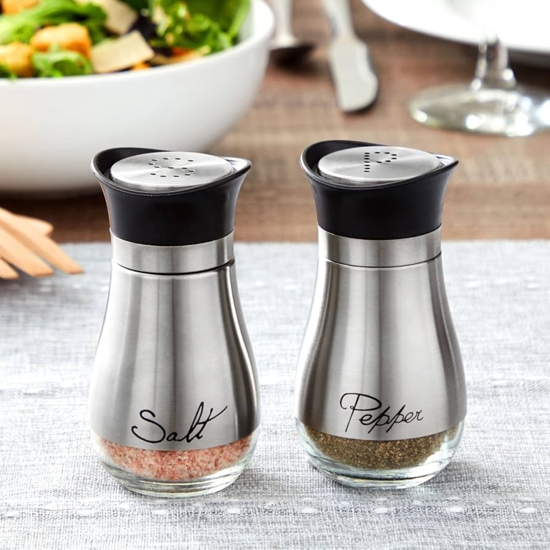 Salt and Pepper Shakers Contoured Shape Script Labels Brushed Stainless