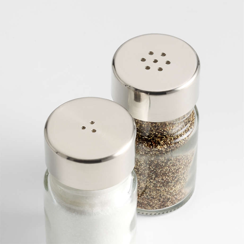 Salt and Pepper Shakers Distinct Hole Counts Clear Glass Brushed Metal