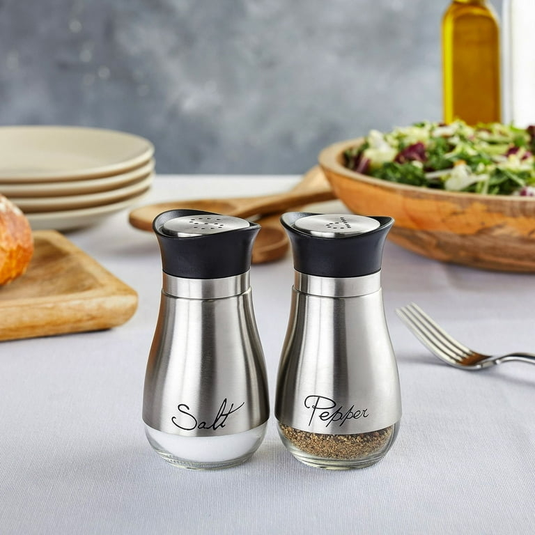 Salt and Pepper Shakers Scripted Labels Stainless Steel Glass Bottom