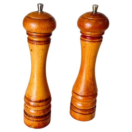Salt and Pepper Shakers Turned Wood Metal Finial Honey Brown Hourglass