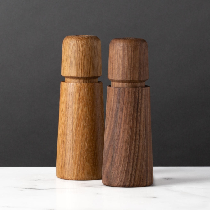 Salt Pepper Mills Mixed Wood Tones Rounded Cap Scandinavian Modern Set