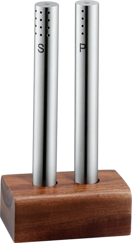Salt Pepper Shaker Wooden Base Brushed Metal Slim Profile Cylindrical