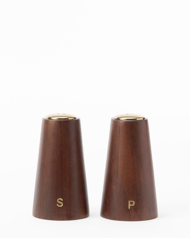 Salt Pepper Shakers Inlaid Lettering Walnut Wood Polished Metal Caps