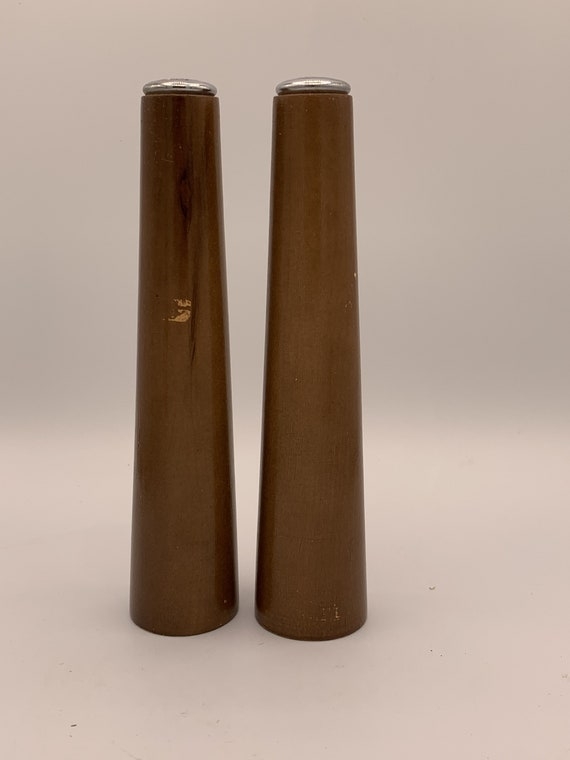 Salt Pepper Shakers Slim Profile Walnut Wood Polished Metal Mid Century