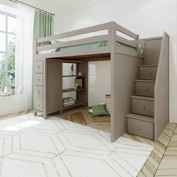 Sand Greige Loft Bed with Integrated Shelving and Stairs