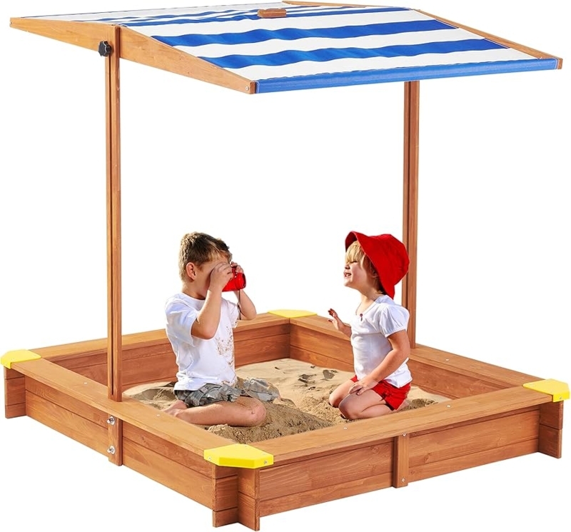 Sandbox with Adjustable Striped Canopy and Yellow Corner Caps for Shade