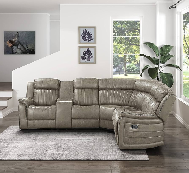 Sandy Brown Reclining Sectional Manual Leather-Like Vertical Tufting