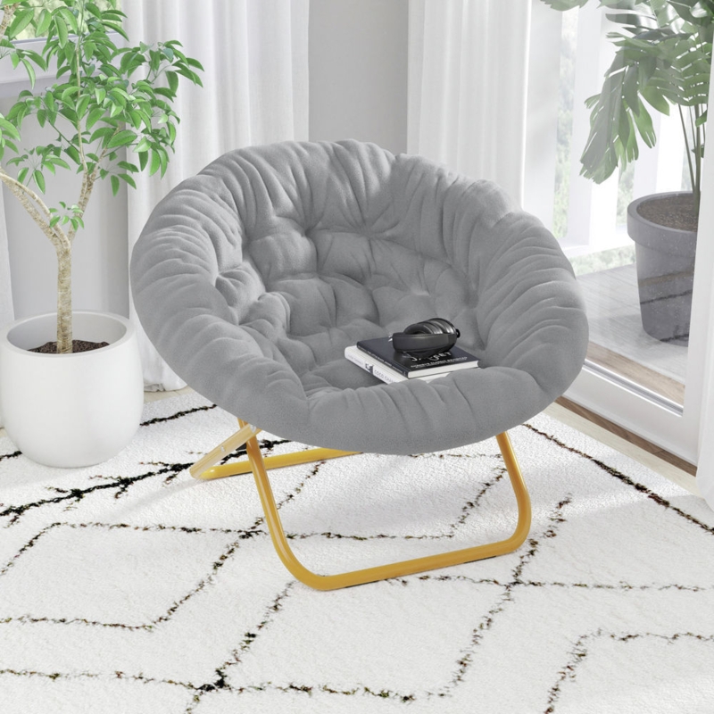 Saucer Chair Dusty Aqua Faux Fur XL with Soft Gold Folding Frame
