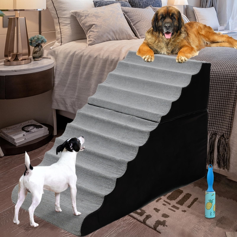 Scalloped Pet Stairs Two-Tone Black And Gray Ribbed Fabric Modern