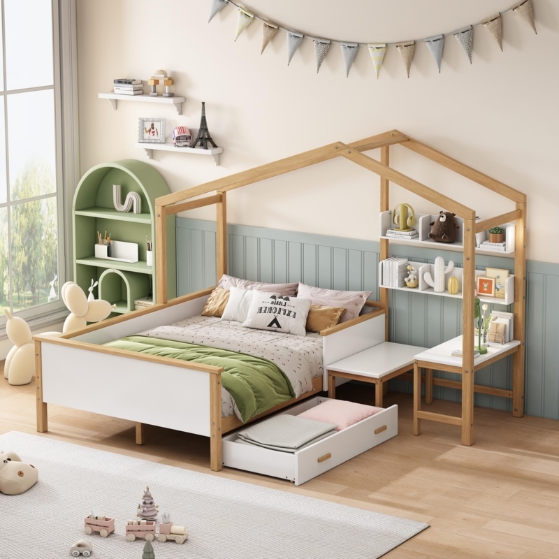 Scandi House Bed with Integrated Desk and Storage Drawer