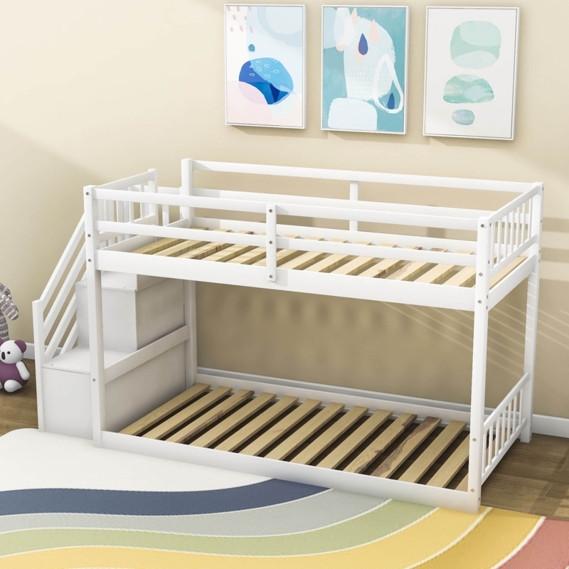 Scandinavian Bunk Bed Natural Wood Tone Storage Stairs Low Base