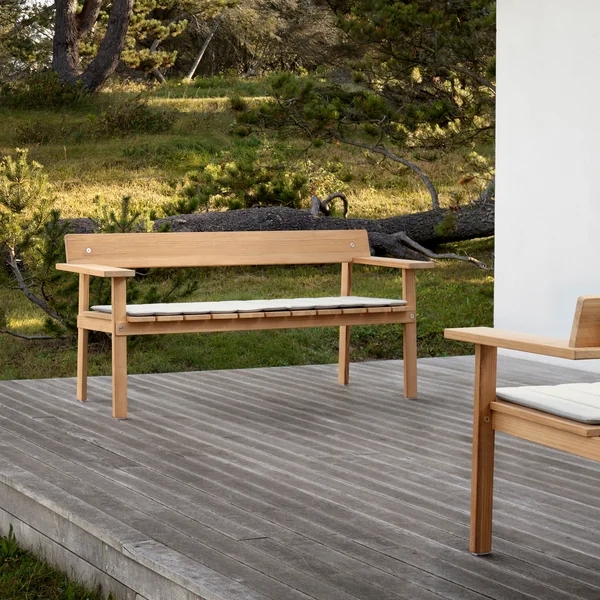 Scandinavian Garden Bench with Slatted Seat and Thin Cushion