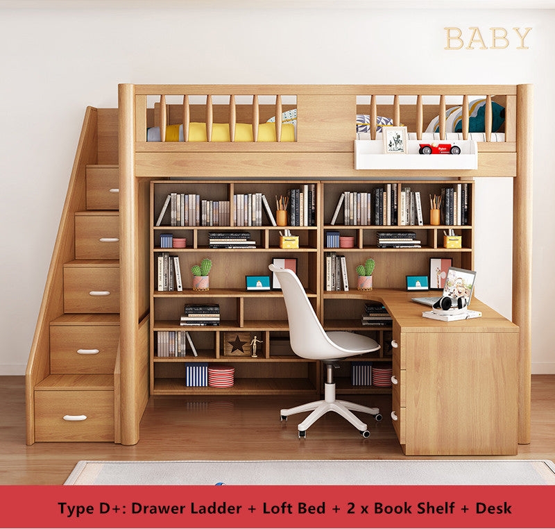 Scandinavian Light Wood Loft Bed with Drawer Stairs and Shelves