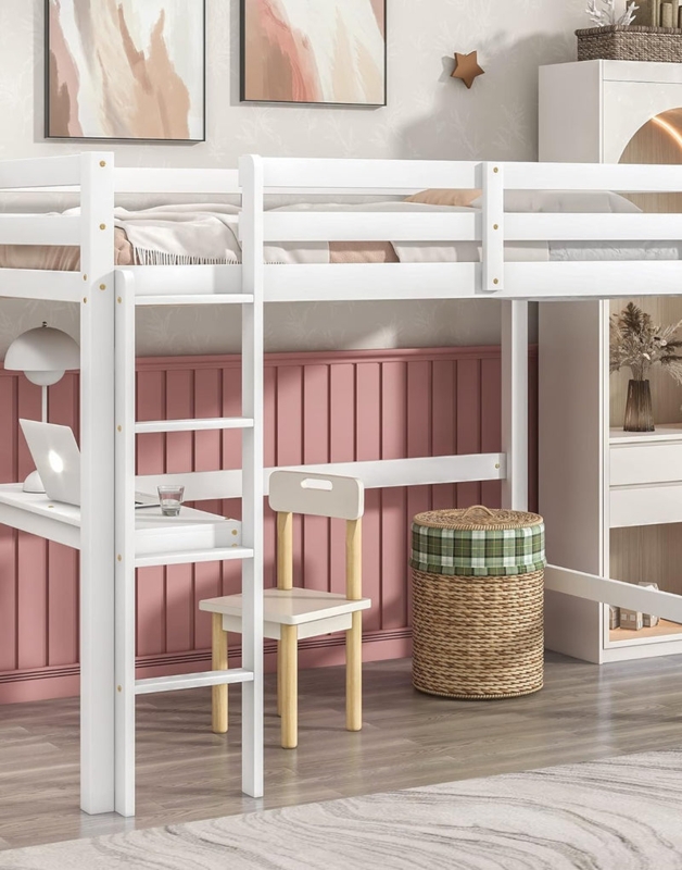 Scandinavian Loft Bed White Wood Integrated Desk Ladder